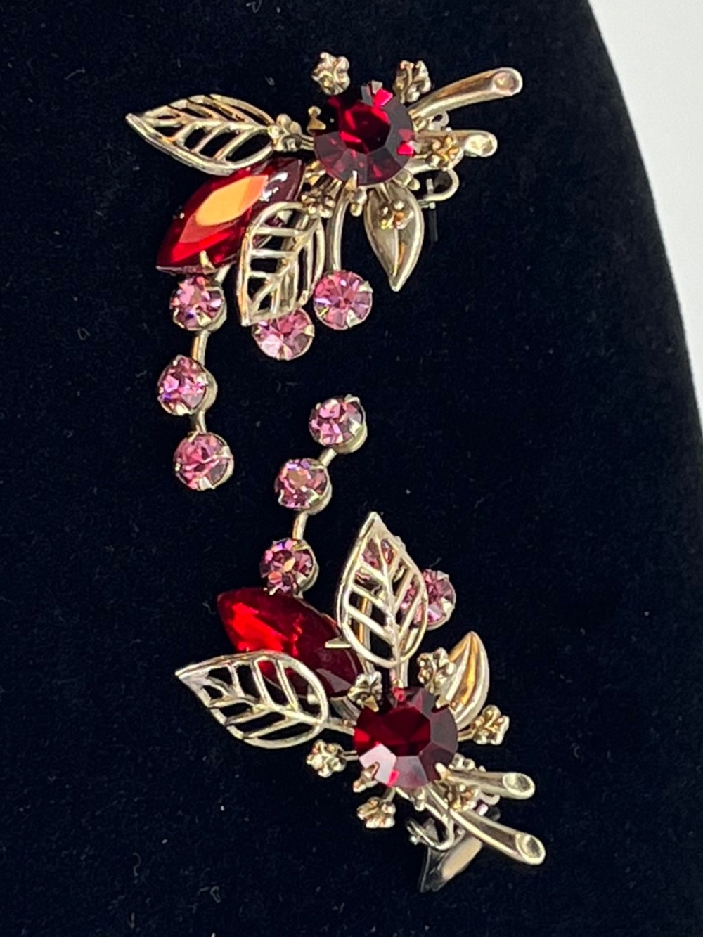 Vintage Red Rhinestone Flower+ Leaf Clip Earrings